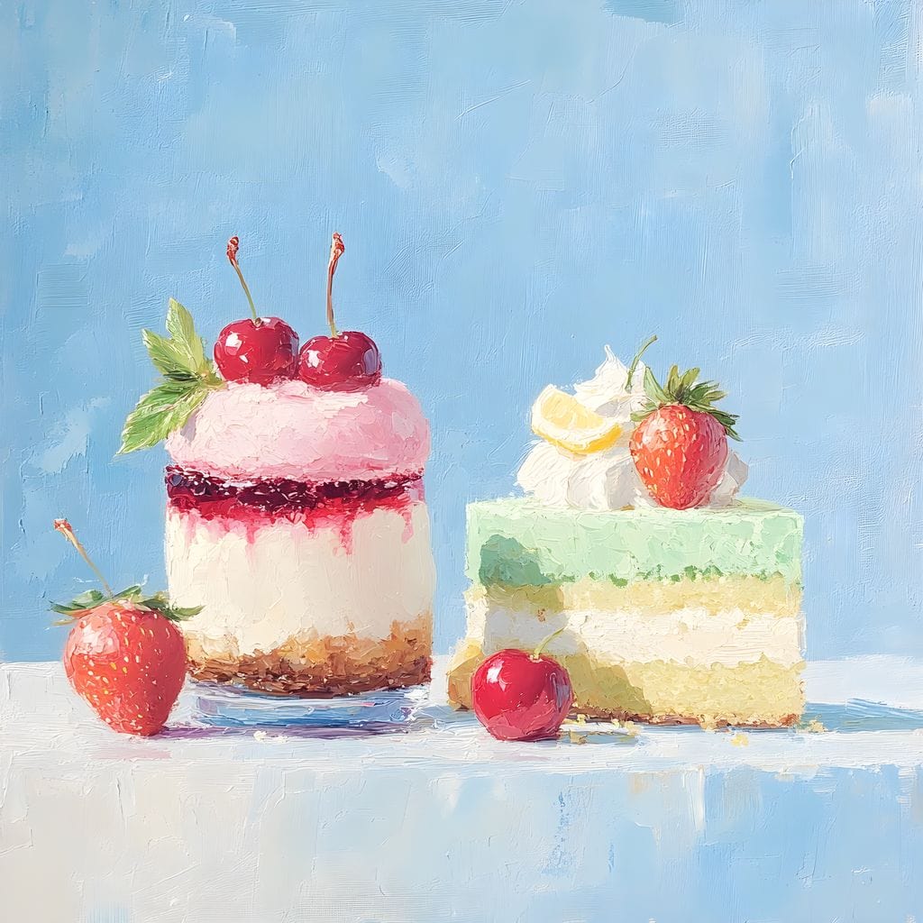 tablou canvas cu o prajitura si o felie de tort, decorate cu fructe proaspete, pe fundal pictat in nuante pastelate