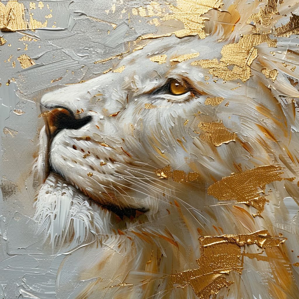 tablou canvas cu un leu alb surprins din profil, decorat cu accente aurii pe fundal abstract pictat