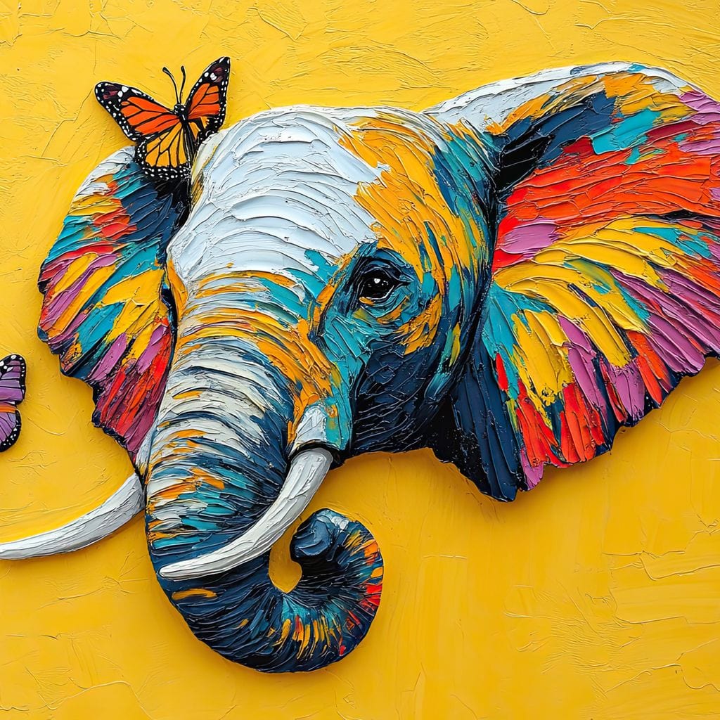 Tablou Canvas Premium, LuxCanva® M1311, Reverie Exotica, Pictura, Elefant, Fluturi, Aripi, Cromatic, Vesel, Portret, Profil, Texturat, Culori Vibrante, Birou, Living, Camera Copil