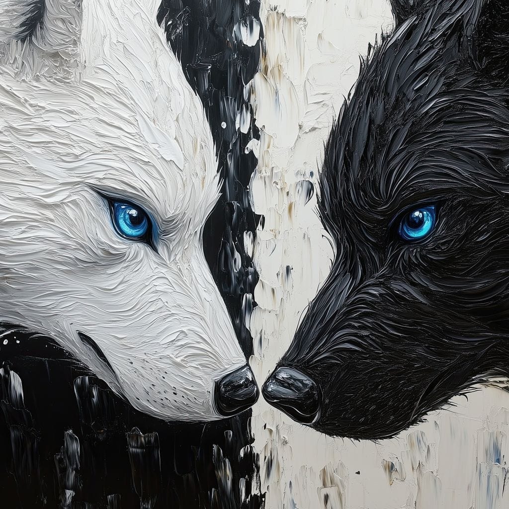 tablou canvas cu un lup alb si unul negru cu ochi albastri, pe fundal pictat in alb si negru 