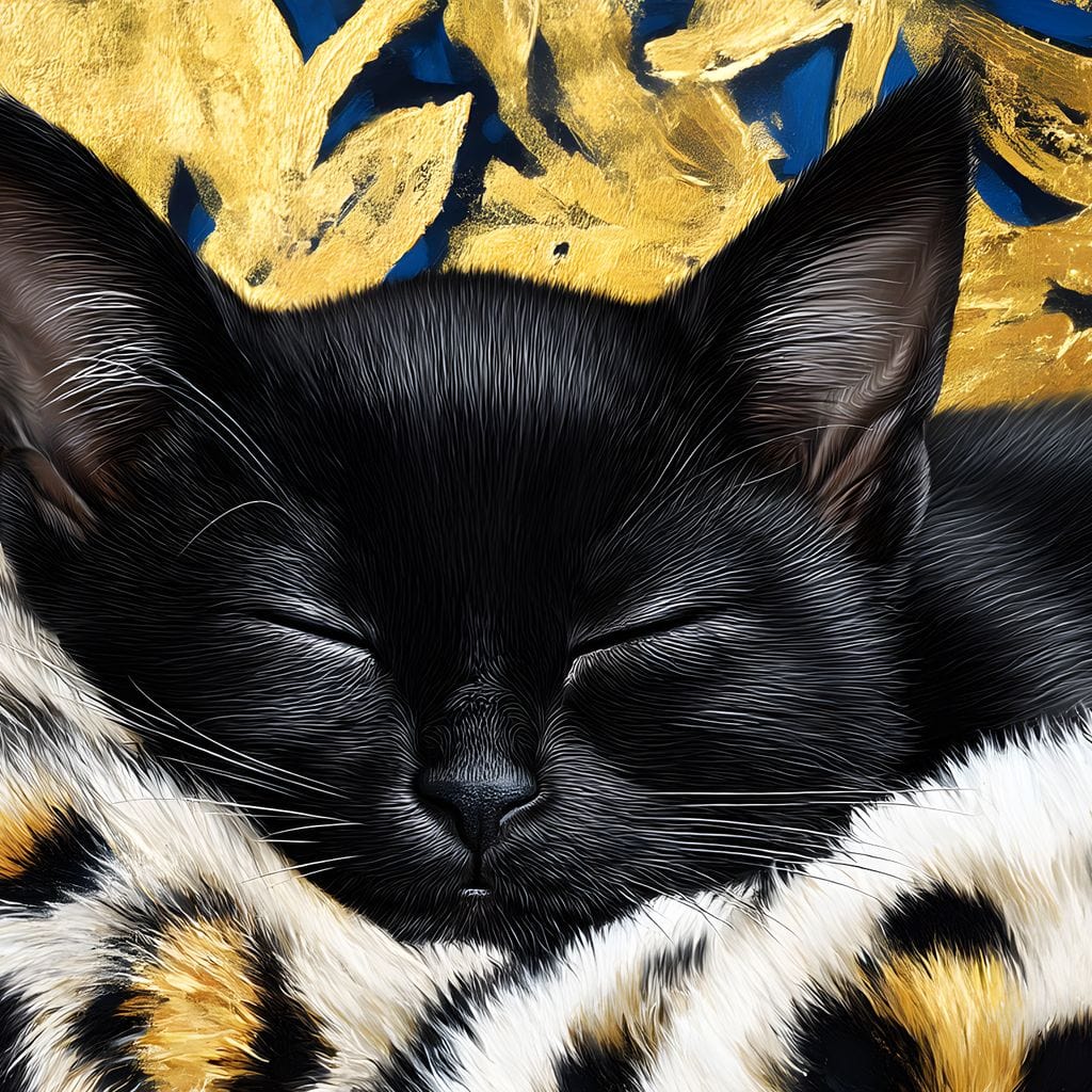 tablou canvas cu o pisica neagra adormita, in asternuturi cu imprimeu leopard, pe fundal abstract cu detalii aurii