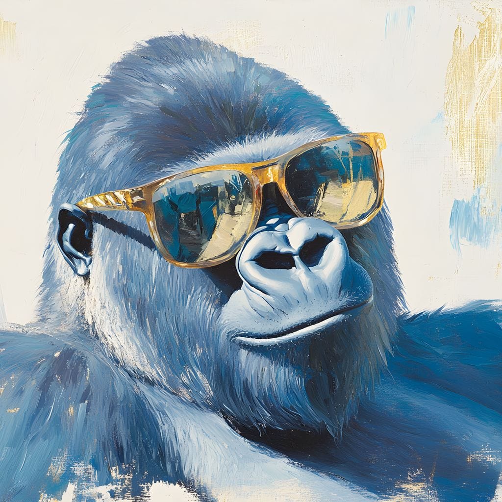 tablou canvas cu o gorila cu ochelari de soare aurii, pe fundal deschis cu accente aurii si albastre