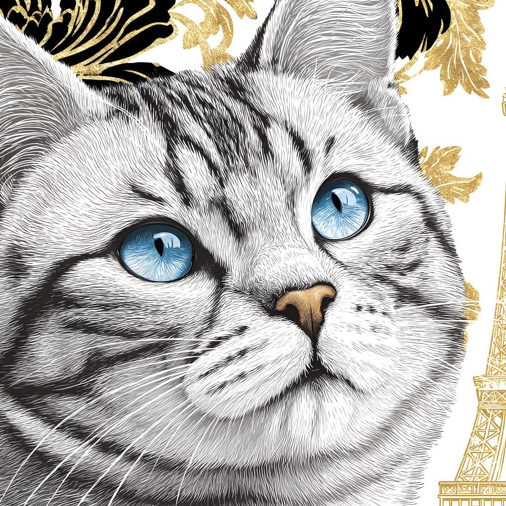 tablou canvas cu o pisica tigrata in nuante de gri cu ochi albastri, pe fundal cu turnul Eiffel si accente aurii cu negru