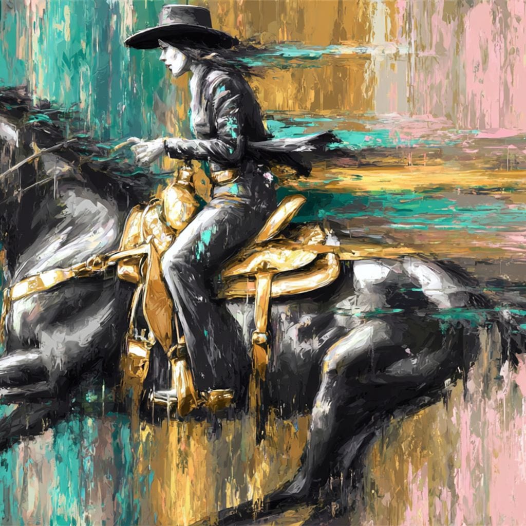 tablou canvas cu un calaret si un cal in galop, cu viteza pe fundal abstract pictat in culori calde si reci