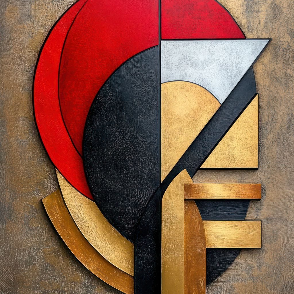 Tablou Canvas Premium, LuxCanva® J1001, Chip Fragmentat, Chip, Stilizat, Forme, Suprapus, Rosu. Galben, Echilibru, Disociere, Arta, Expozitie, Artist, Living, Dormitor