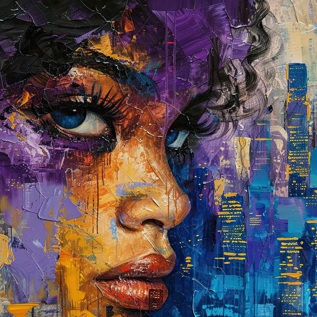 Tablou Canvas Premium LuxCanva® G1010, Femeia si Lumina Orasului , Urban, Metropola, Privire, Femeie, Violet, Living, Dormitor, Culori vibrante