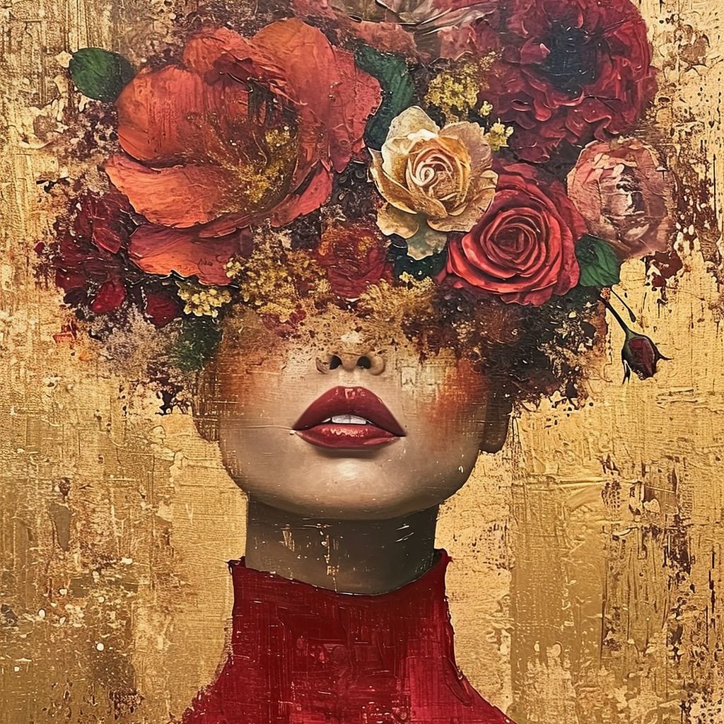 Tablou Canvas Premium LuxCanva® G1029, Femeia si Trandafirii , Natura, Petale, Trandafiri, Detalii, Portret, Romantism, Living, Dormitor, Culori vibrante