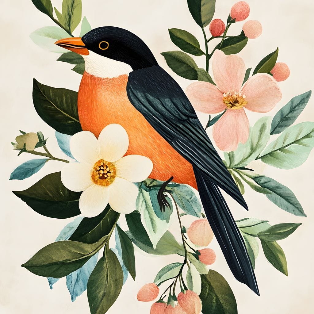 tablou canvas cu o pasare cu penaj portocaliu si negru, asezata printre flori roz si albe pe fundal luminos