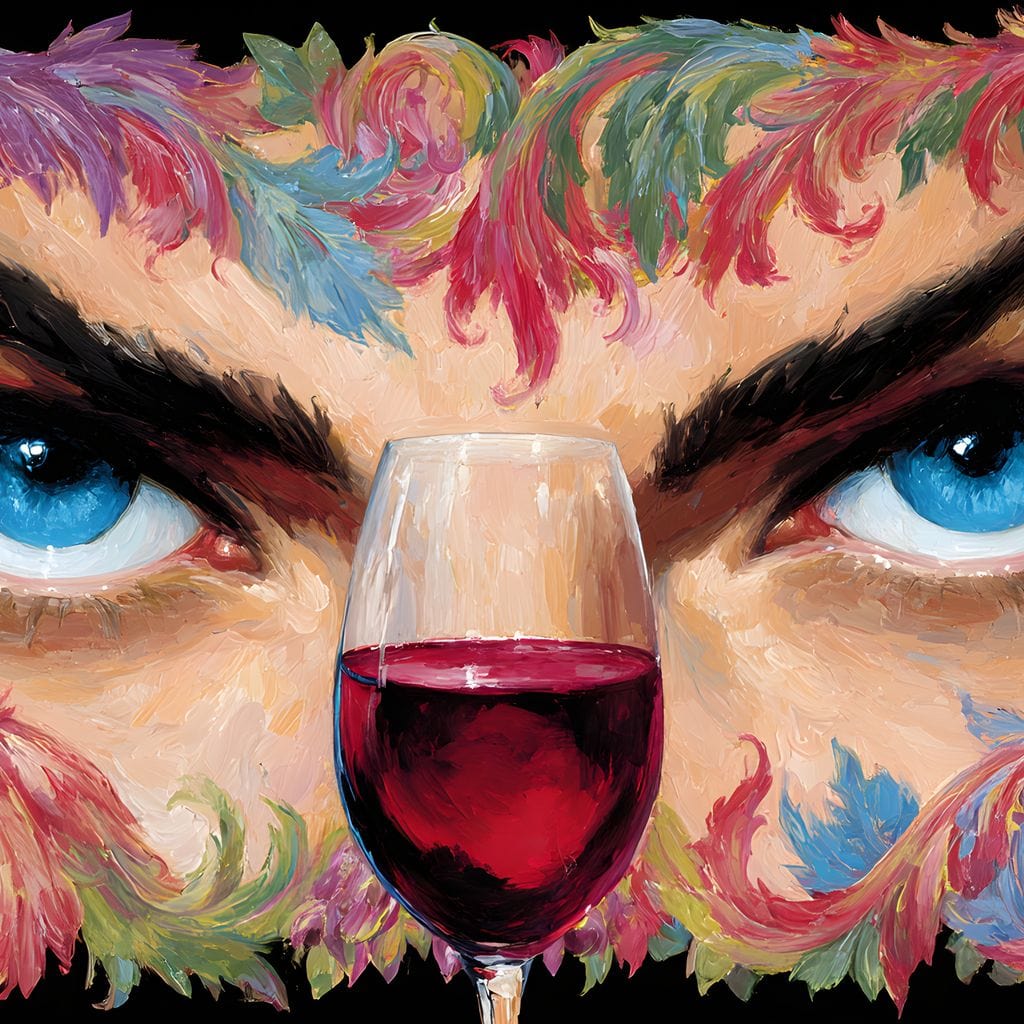 tablou canvas cu ochi albastri privind un pahar de vin rosu, intr-un cadru cu flori multicolore si struguri