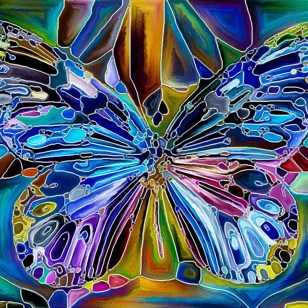 tablou canvas cu un fluture redat in accente fluorescente si forme geometrice multicolore, pe fundal abstract stil arta psihedelica