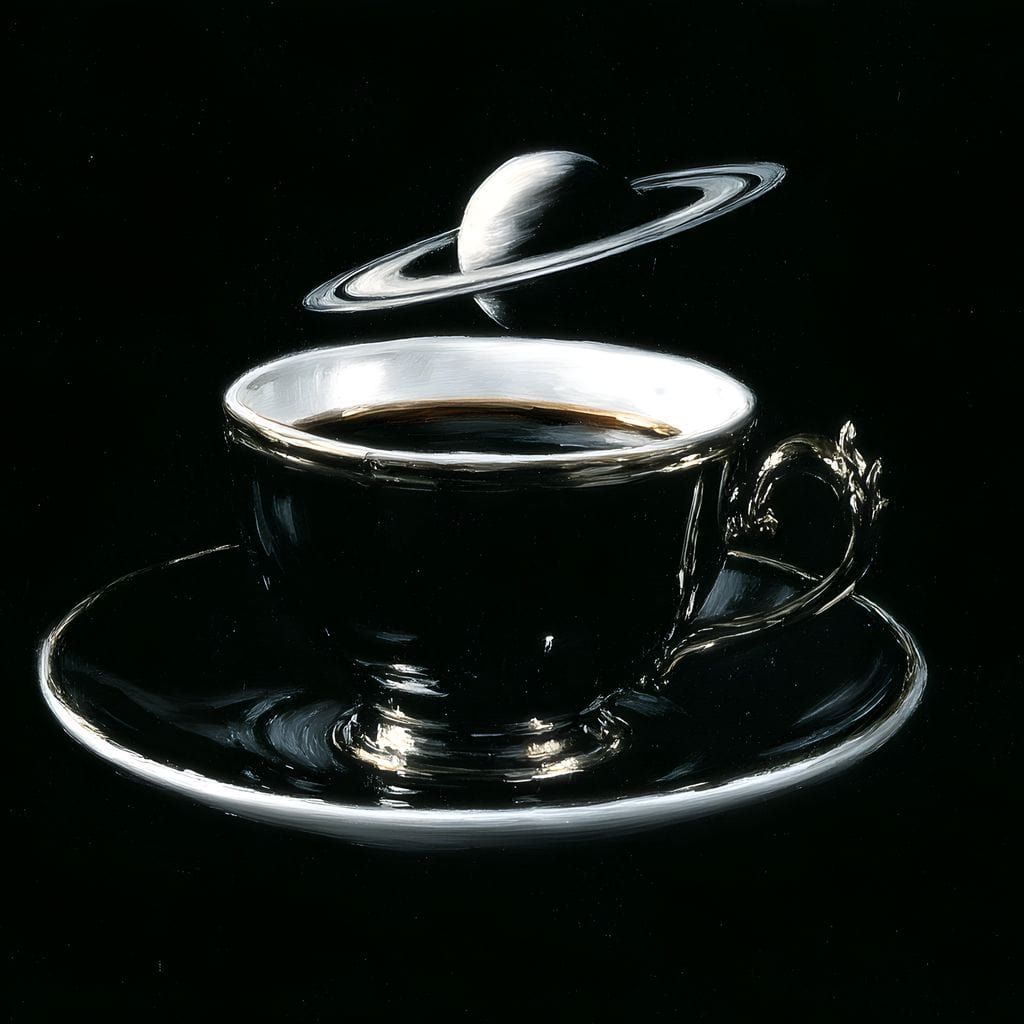tablou canvas cu o ceasca de cafea neagra in stil vintage, pe fundal negru cu planeta Saturn