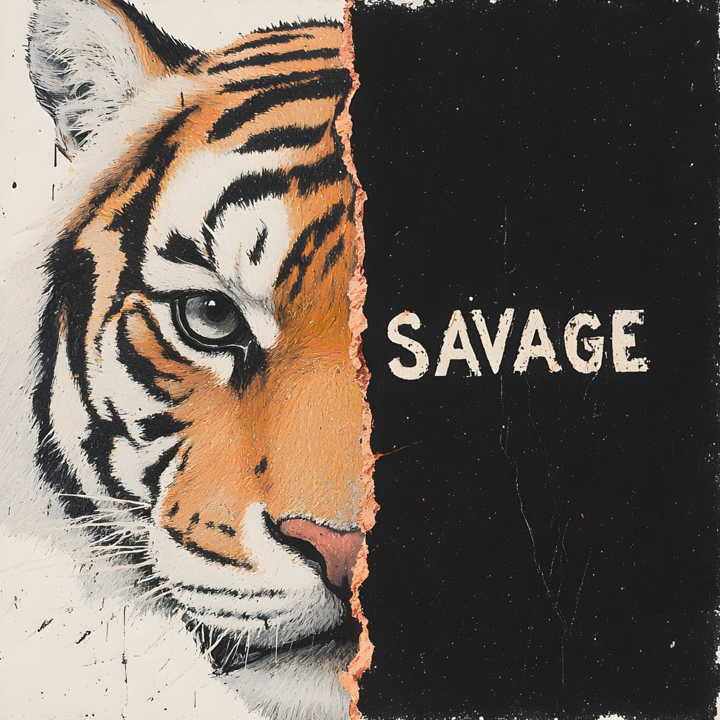 tablou canvas cu jumatatea unui chip de tigru, iar pe cealalta jumatate un text alb pe fundal negru