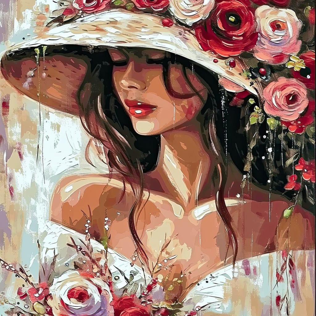 Tablou Canvas Premium LuxCanva® GV1050, Tandretea Florilor, Eleganta, Palarie, Flori, Arta, Romantism, Portret, Natura, Artistic, Vara, Living, Dormitor