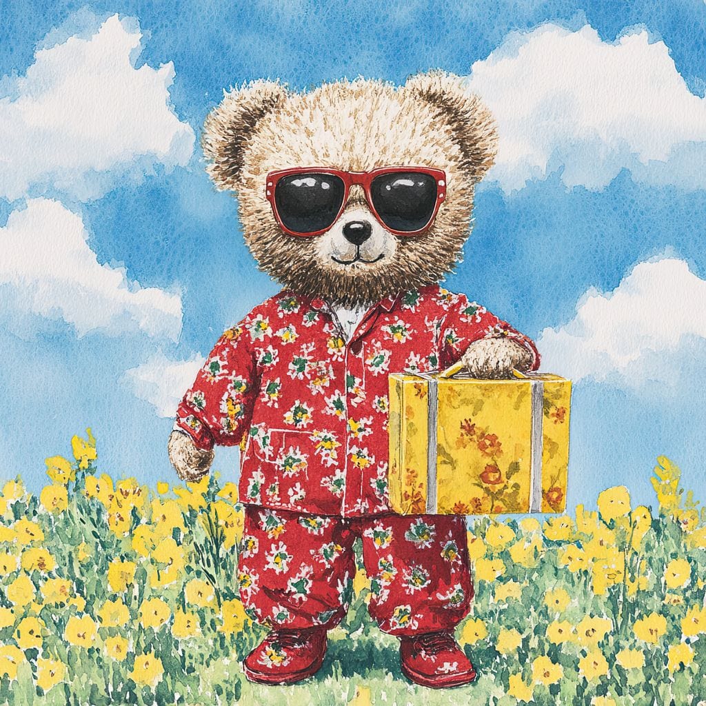 Tablou Canvas Premium, LuxCanva® K1002, Ursuletul In Vacanta, Geanta, Flori, Pijamale, Ochelari de Soare, Plus, Vacanta, Copilarie, Prieten, Aventura, Cool, Camera Copii