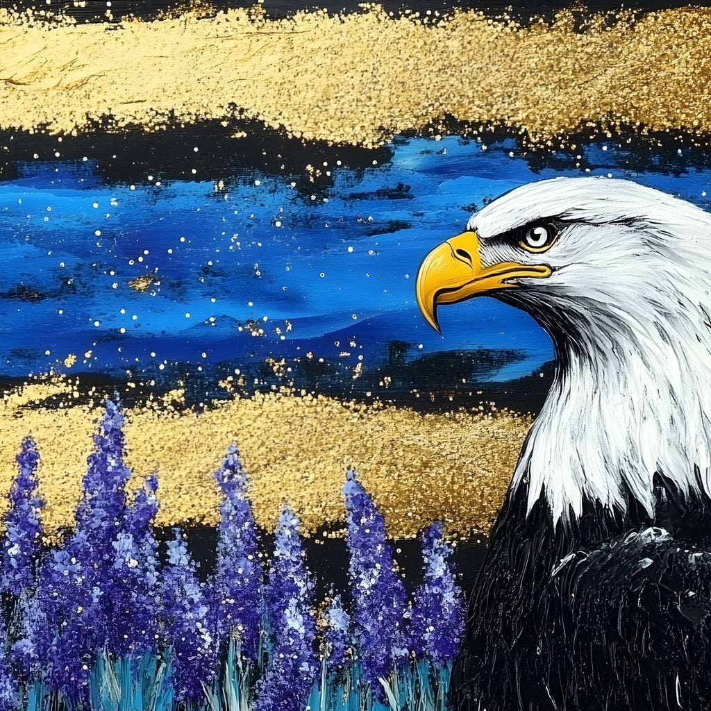 tablou canvas cu un vultur american intr-un camp de lavanda, pe fundal abstract cu accente de albastru si auriu