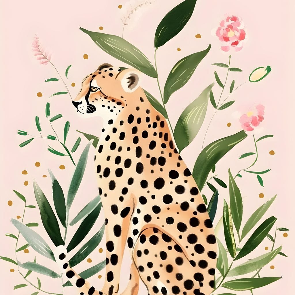 tablou canvas cu un leopard printre frunze intr-o pictura abstracta, pe fundal in culori pastelate