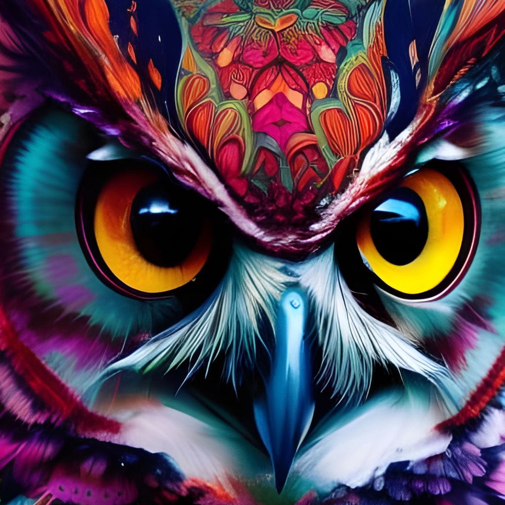 tablou canvas cu o bufnita tribala in culori vibrante redate in stil abstract