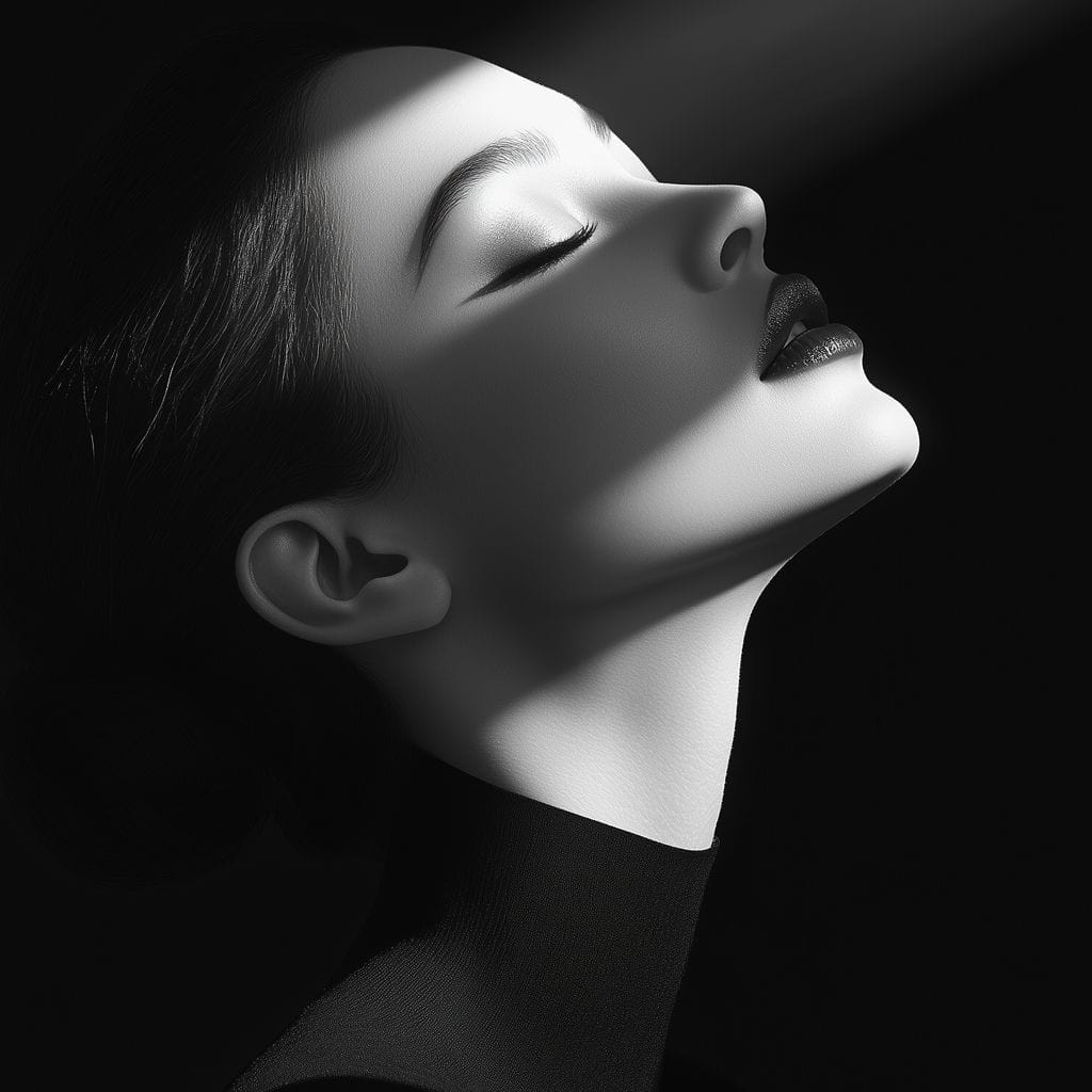 Tablou Canvas Premium, LuxCanva® G1195, Lumina Divina, Respiratie, Raza, Tacere, Femeie, Contemplare, Alb, Negru, Atemporal, Gratie, Light, Dorinta, Divin, Birou, Living, Dormitor