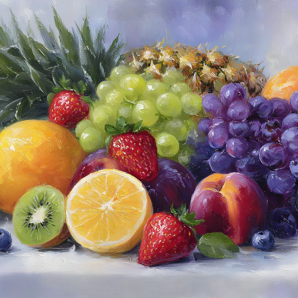 tablou canvas cu o multitudine de fructe exotice, struguri, portocale, capsuni, afine, ananas si piersici pictate pe un cadru deschis