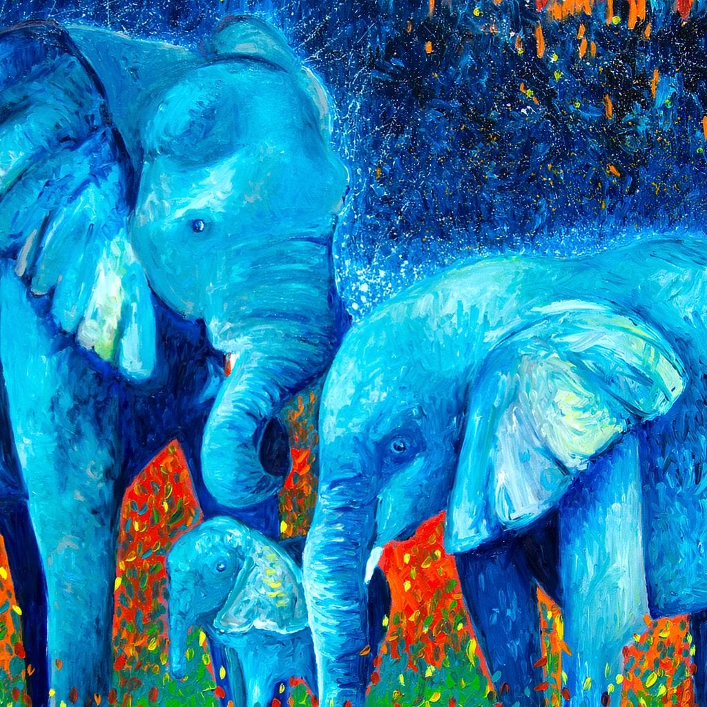 tablou canvas cu elefanti in nuante vibrante de albastru si fundal in tonuri aprinse de portocaliu si rosu
