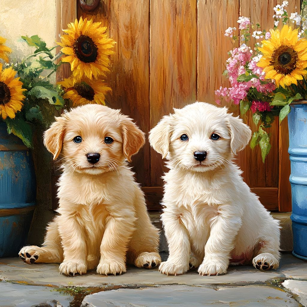 tablou canvas cu doi catelusi in fata unei case, langa doua butoiase cu Floarea-Soarelui, pe fundal rustic