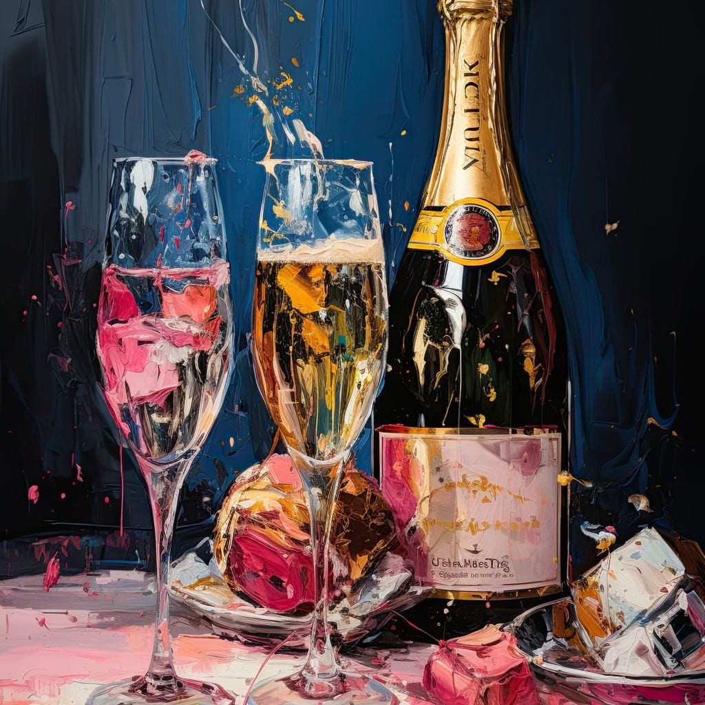 tablou canvas cu o sticla si doua pahare de sampanie, pictate intr-un decor de petrecere