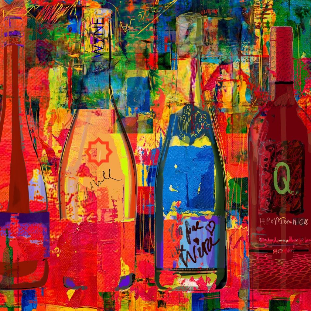 tablou canvas cu sticle de bautura, pictate in stil graffiti in culori multiple, intr-un cadru urban