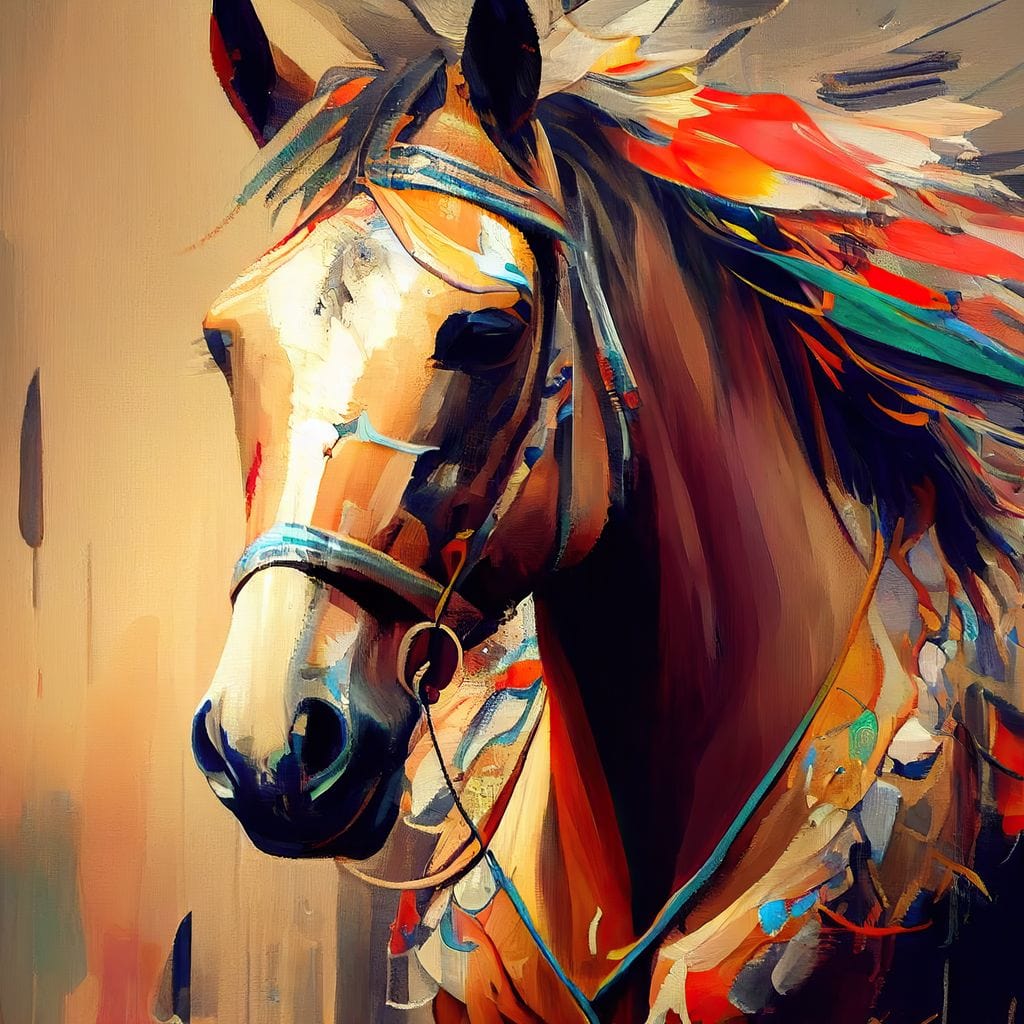 tablou canvas cu portretul unui cal, cu coama decorata cu ornamente colorate, pe fundal abstract pictat in nuante calde