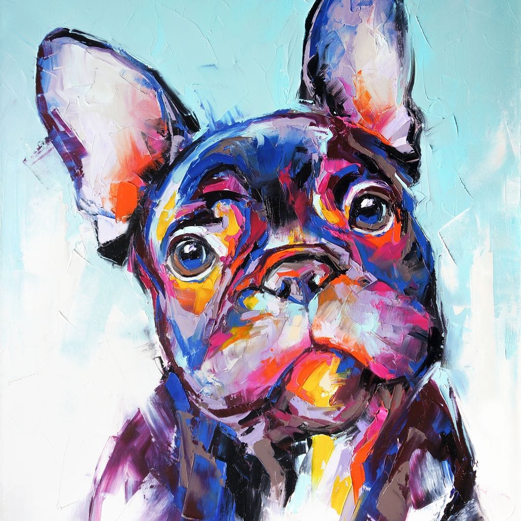 tablou canvas cu un bulldog francez redat in nuante vibrante de violet, albastru, galben si roz, pe fundal deschis