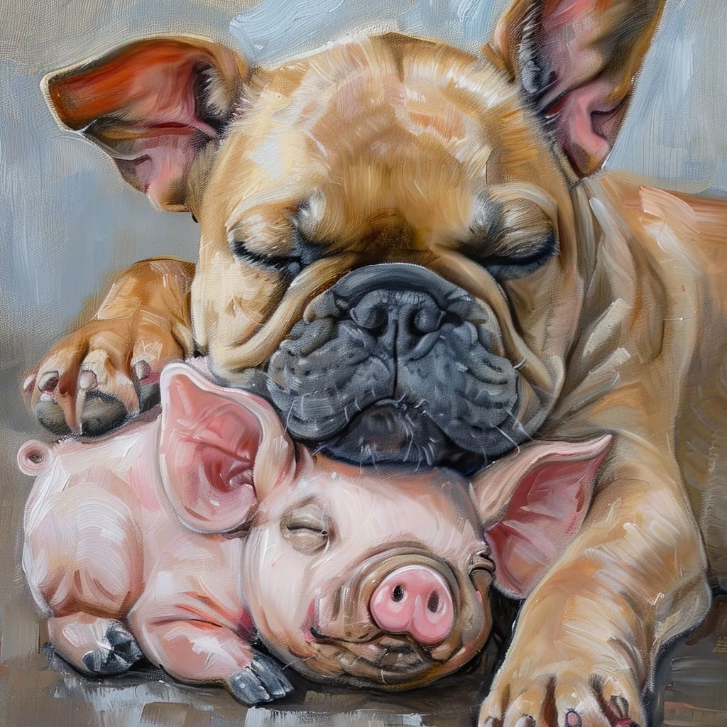tablou canvas cu un bulldog si un purcelus roz dormind profund, pe fundal abstract stil pictura in acuarela