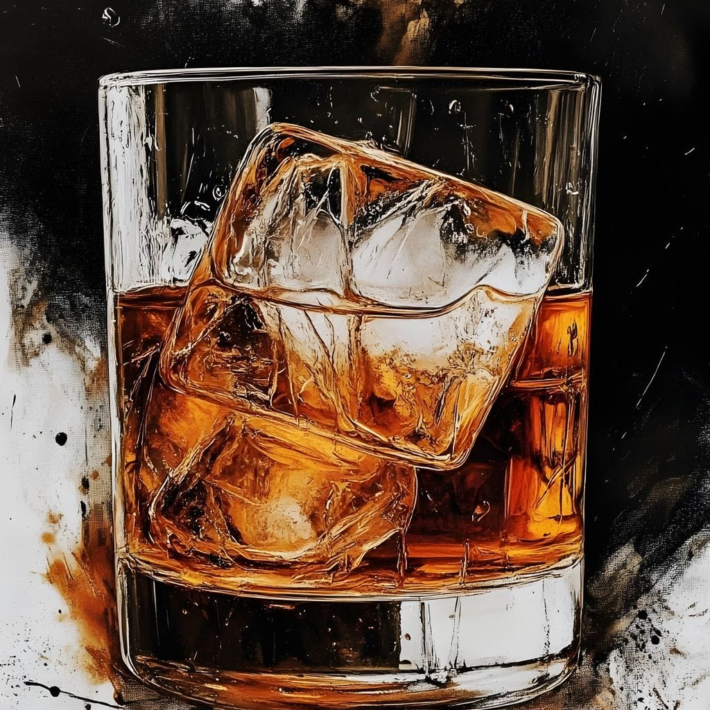 tablou canvas cu un pahar de whisky cu doua cuburi de gheata, pe un fundal alb stropit cu nuante de negru