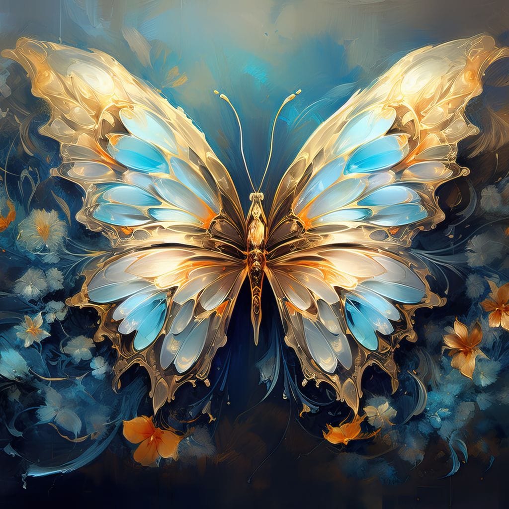 tablou canvas cu un fluture auriu sidefat, inconjurat de flori albastre si aurii, pe fundal intunecat si abstract