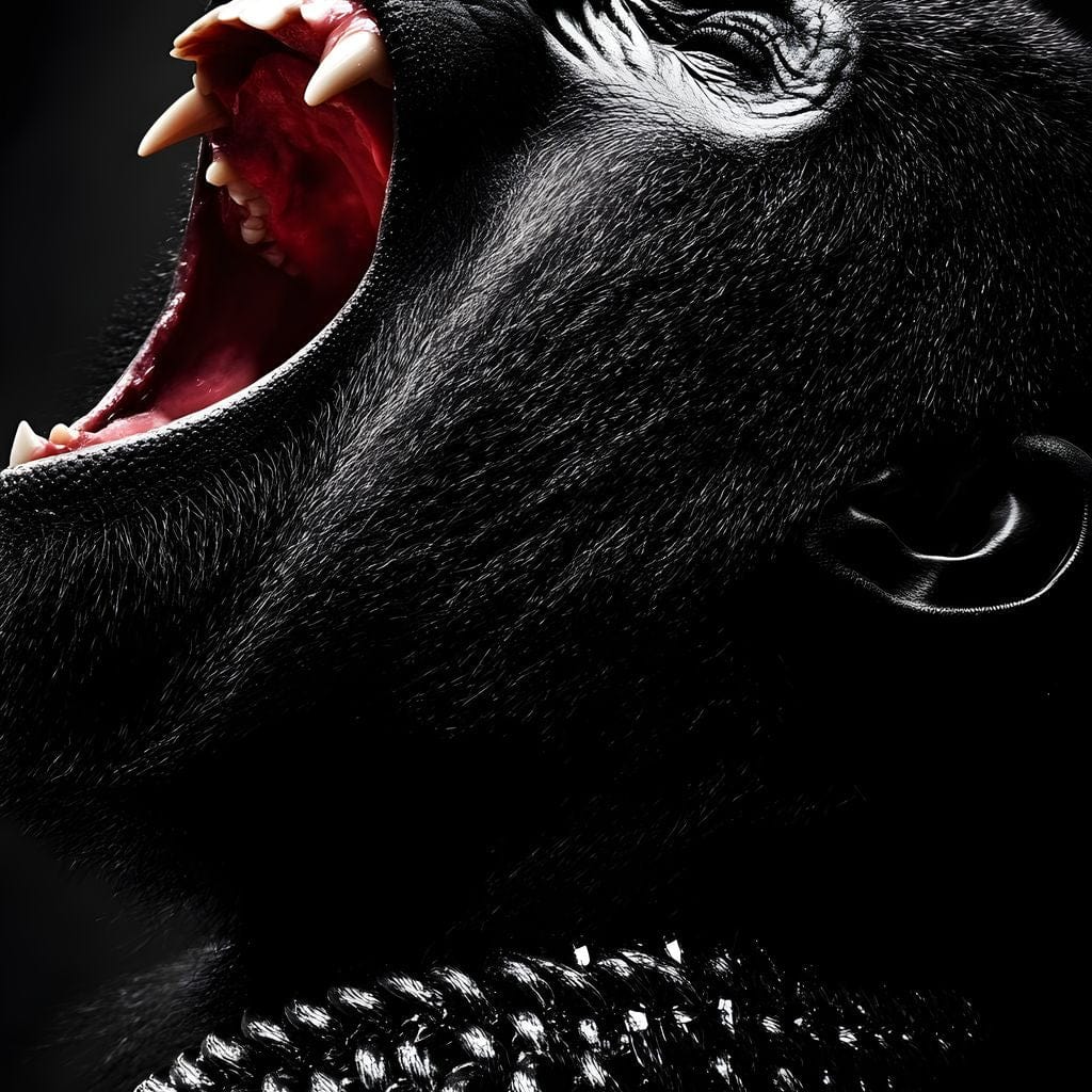 tablou canvas cu o gorila neagra cu un lant argintiu, surprinsa intr-un raget fioros, pe fundal intunecat
