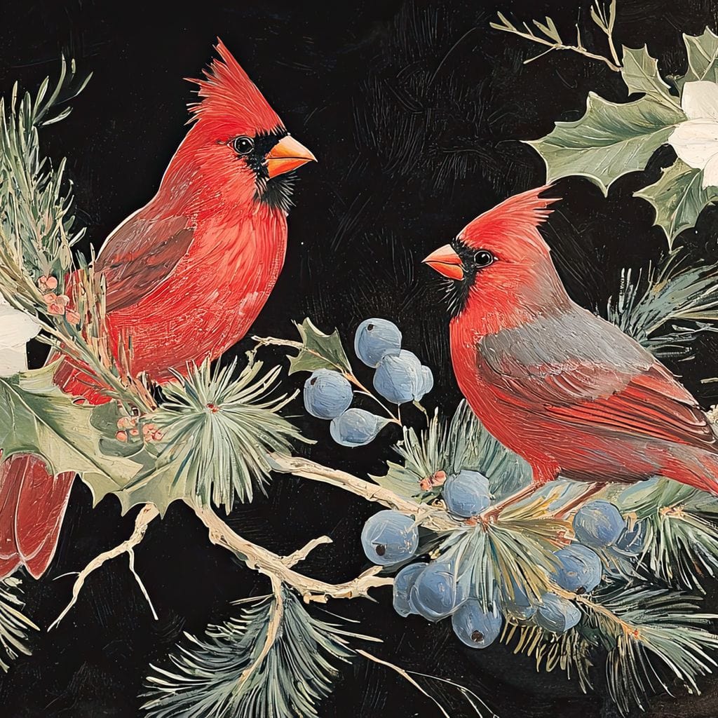 Tablou Canvas Premium LuxCanva® D1043, Cardinali in Pacea Iernii , Cardinali, Rosu, Dragoste, Pereche, Iarna, Living Room, Culori vibrante