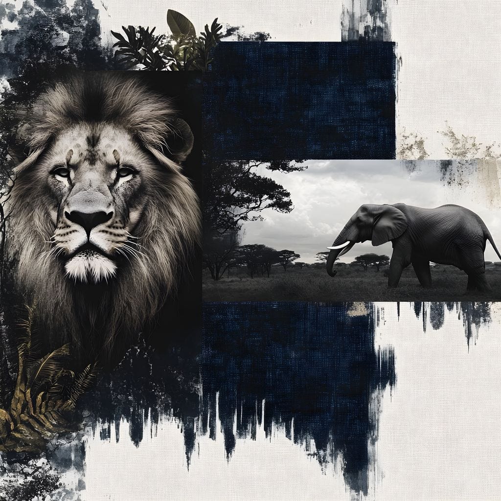 tablou canvas cu un leu, in tonuri monocrome si un elefant african pe fundal, intr-un peisaj sabatic abstract