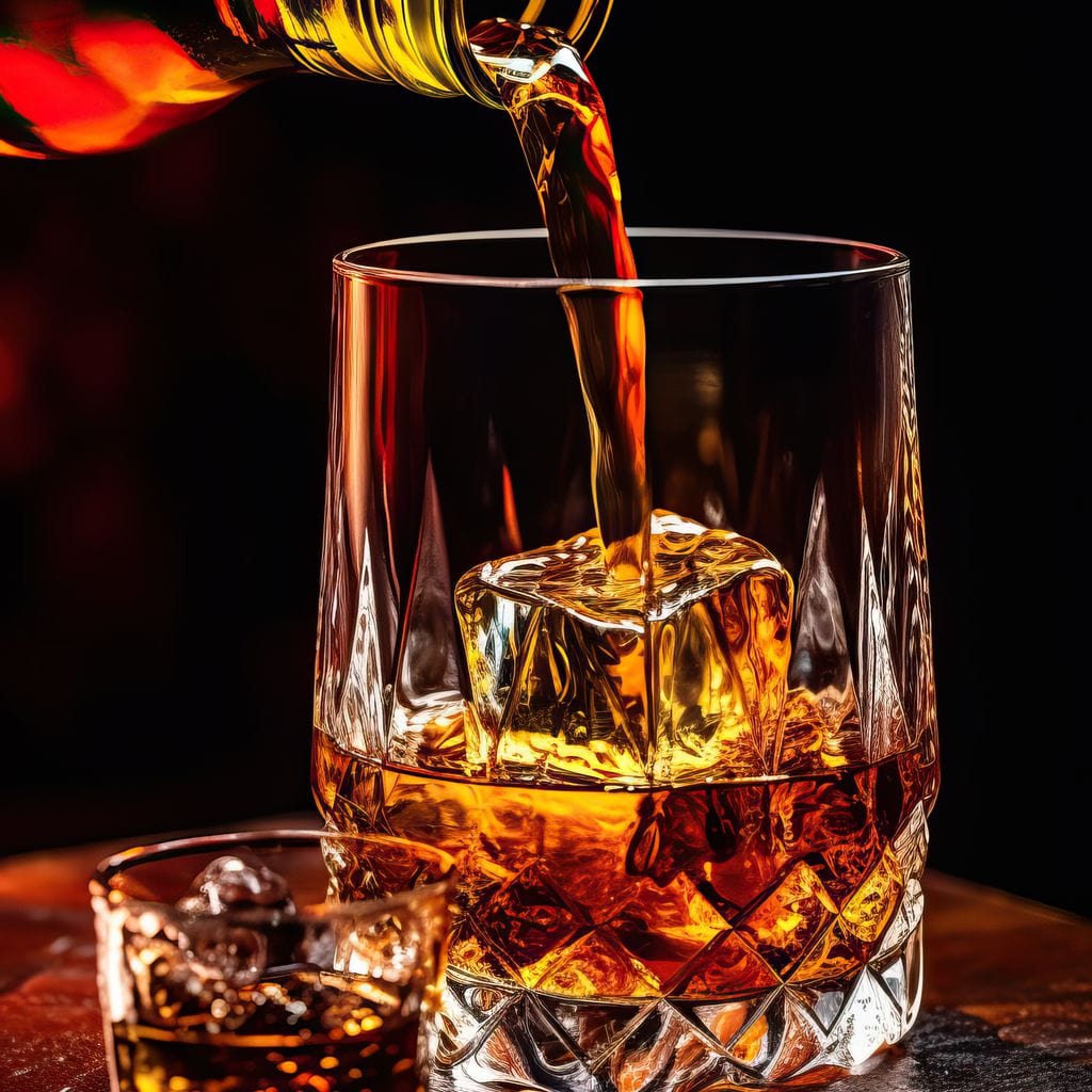 tablou canvas cu doua pahare de whisky in reflectii aurii elegante