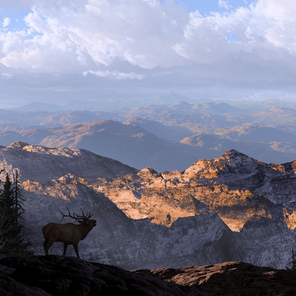 tablou canvas cu un elan intr-un peisaj montan, inconjurat de copaci si stanci sub cer senin