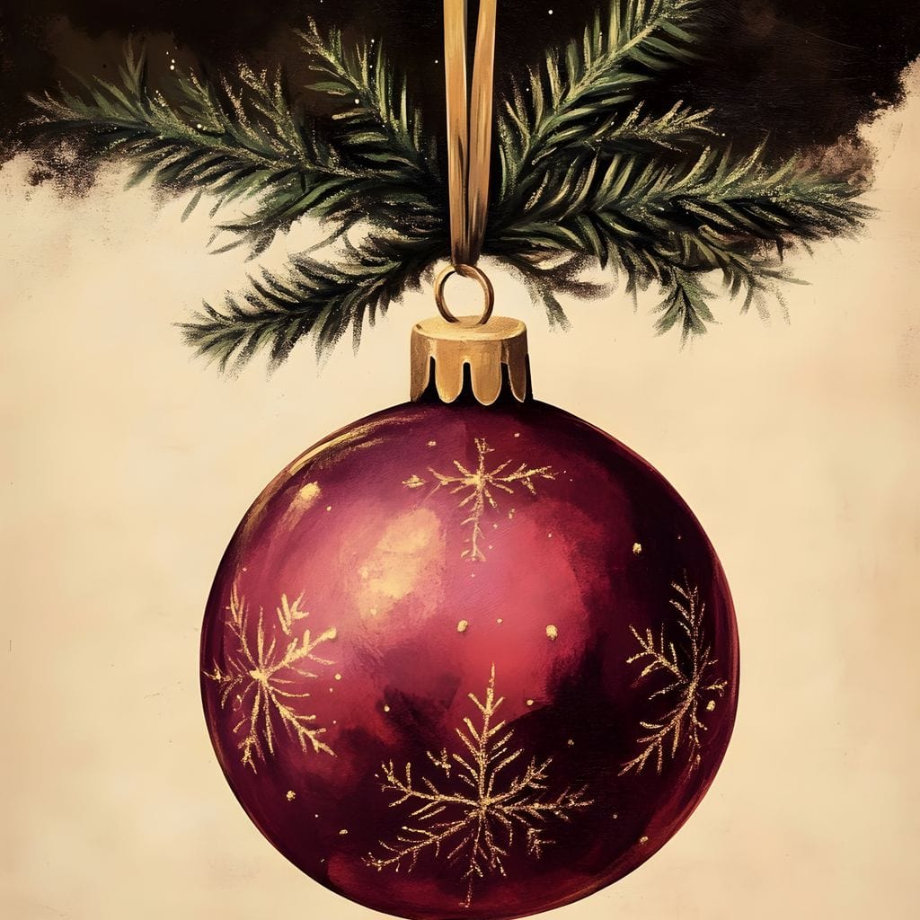 Tablou Canvas Premium, LuxCanva® D1078, Glob Regal, Stralucire, Visiniu, Frumusete, Aur, Rosu, Ramura, Verde, Brad, Podoaba, Iarna, Festiv, Panglica, Atemporal, Clasic, Camera Copil, Living, Dormitor