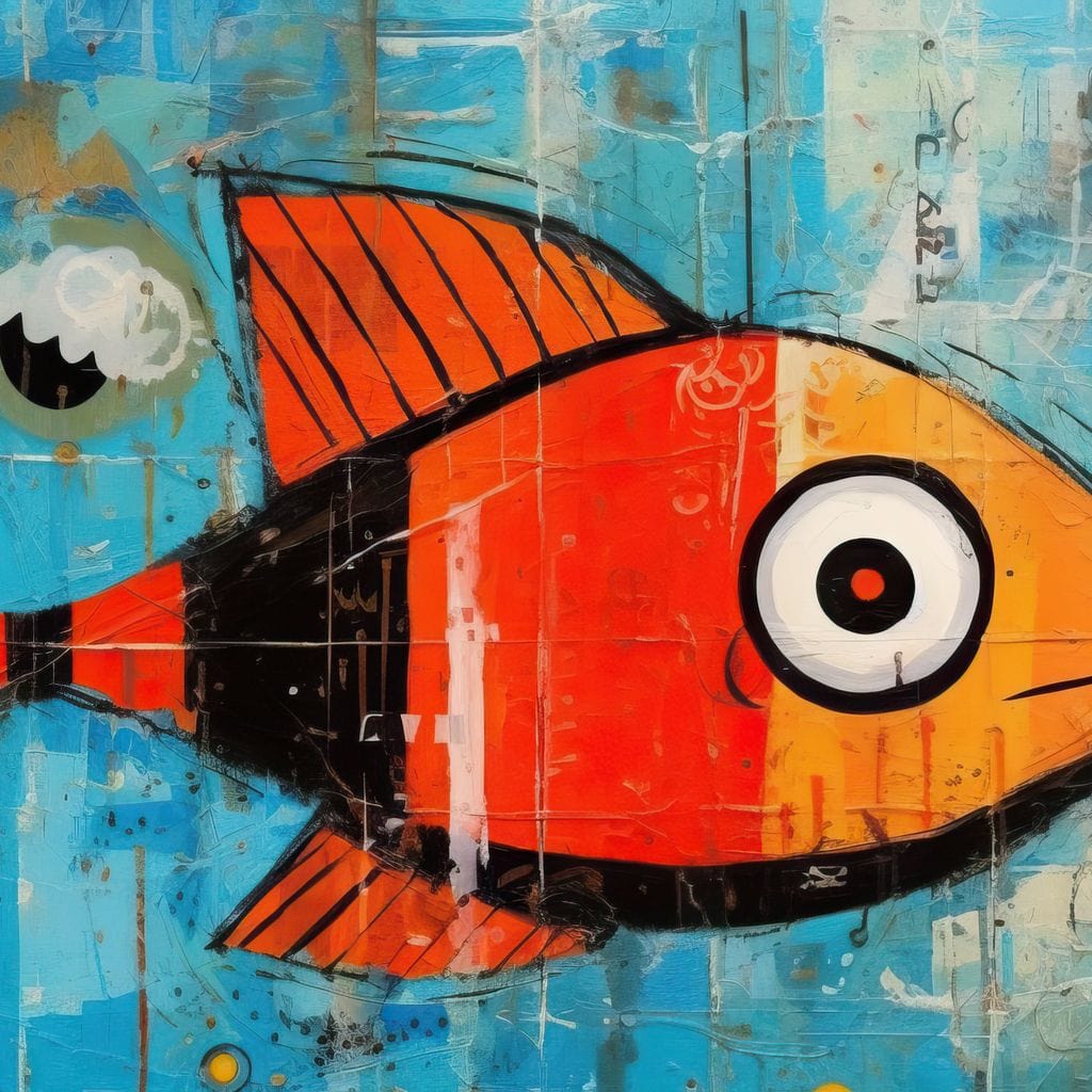 tablou canvas cu un peste portocaliu animat, pe fundal albastru si abstract