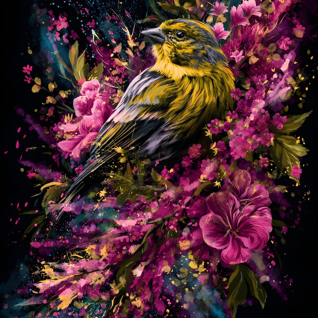 tablou canvas cu o pasare cu penaj viu colorat, pe o coroana cu flori roz, pe fundal negru