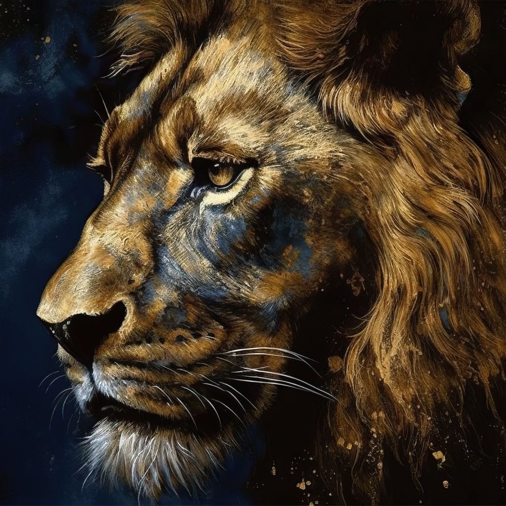 tablou canvas cu un chip de leu cu blana aramie, pe fundal albastru inchis