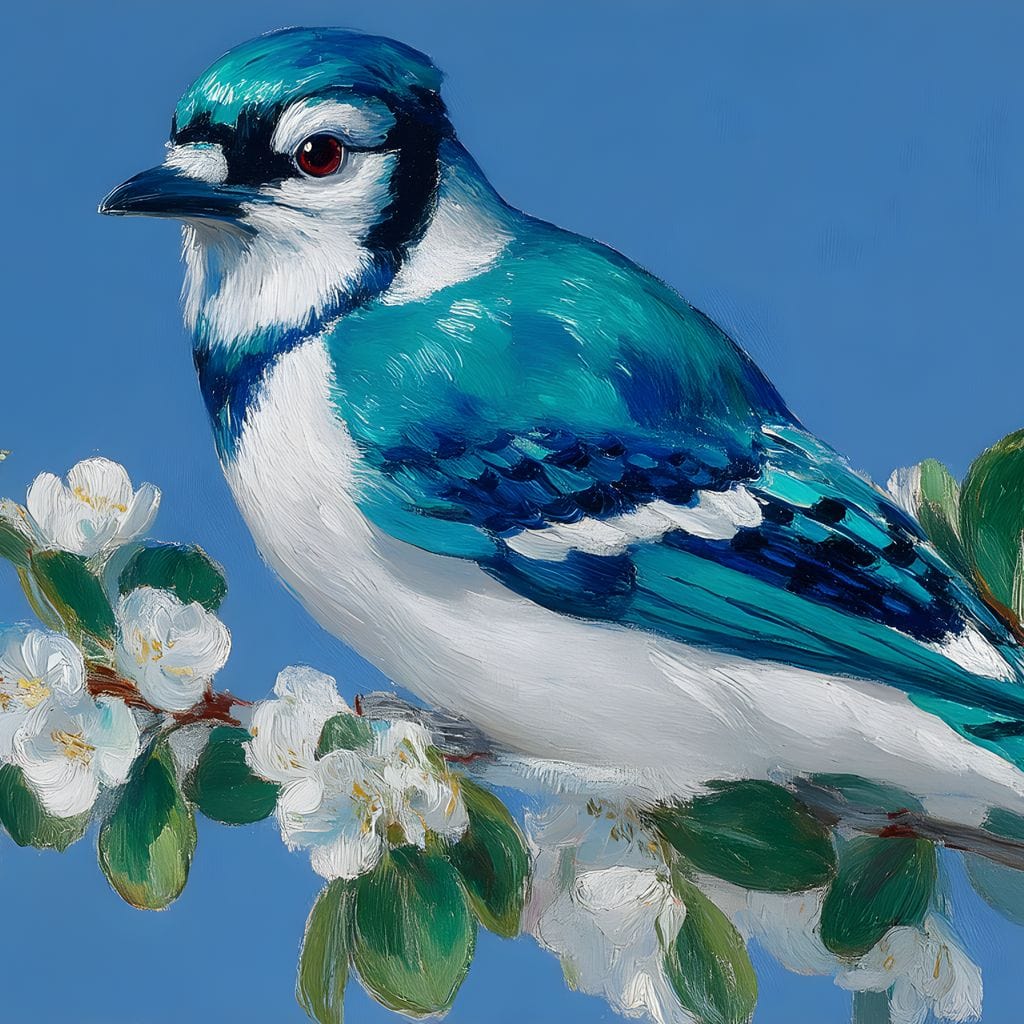 tablou canvas cu o pasare albastra pe o ramura cu flori albe, pe fundal bleu in stil pictura