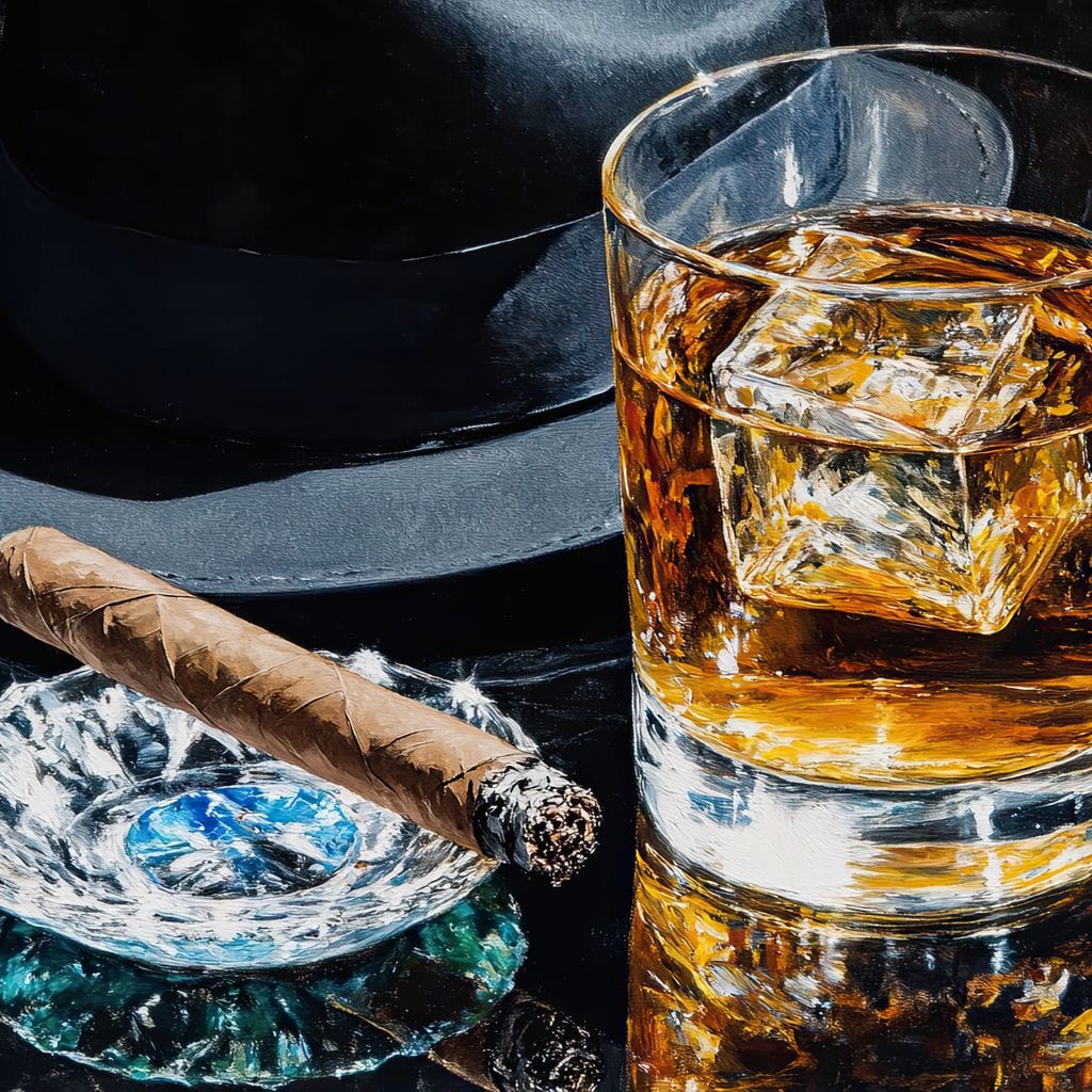 tablou canvas cu un pahar de whisky cu gheata, o palarie neagra si o scrumiera cu un trabuc, pe o masa din marmura neagra