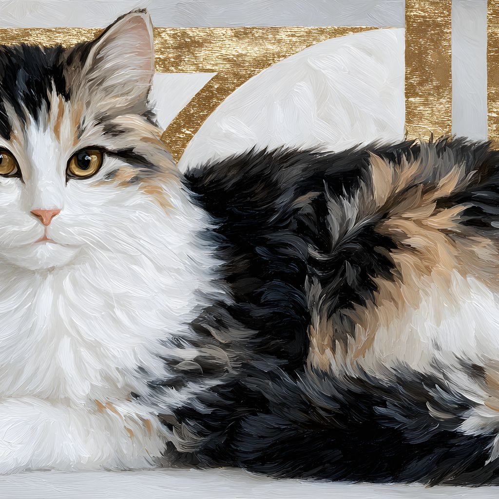 tablou canvas cu o pisica calico, cu blanita pufoasa in nuante de negru, alb si portocaliu, pe fundal abstract cu accente aurii