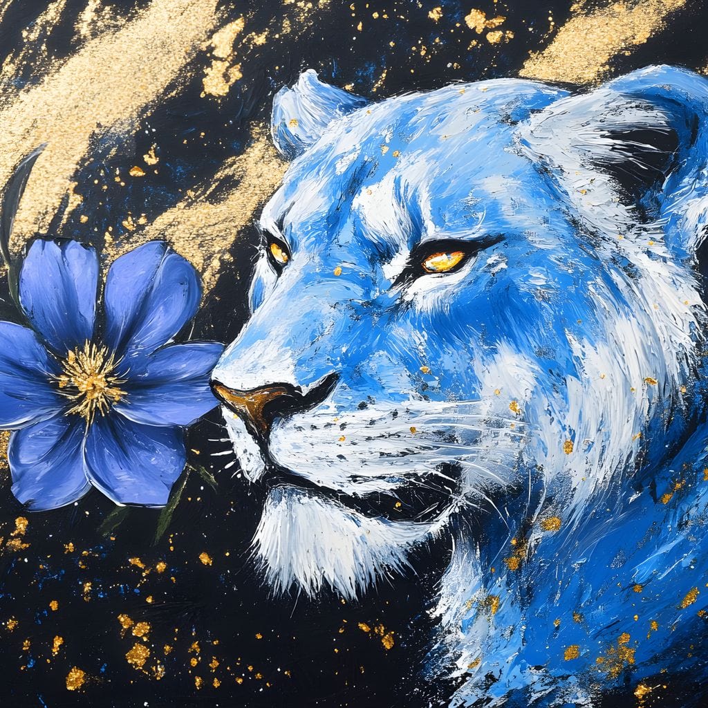 tablou canvas cu o leoaica si o floare albastra, pe fundal intunecat cu accente aurii