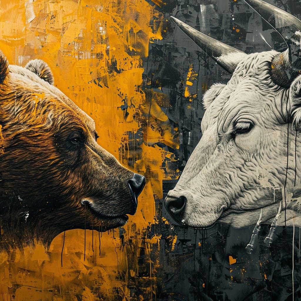 tablou canvas cu un urs si un taur fata in fata pe fundal galben si negru