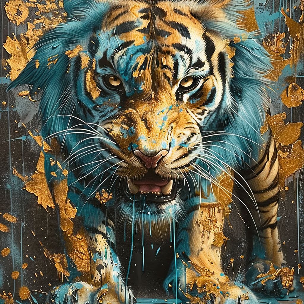 tablou canvas cu un tigru fioros pictat in nuante calde, pe fundal abstract cu accente aurii si albastru-turcoaz