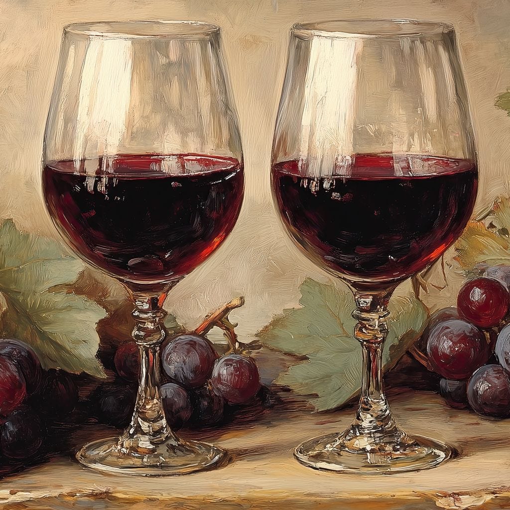 tablou canvas cu doua pahare cu vin rosu, langa doi ciorchini de struguri rosii, intr-un peisaj rustic