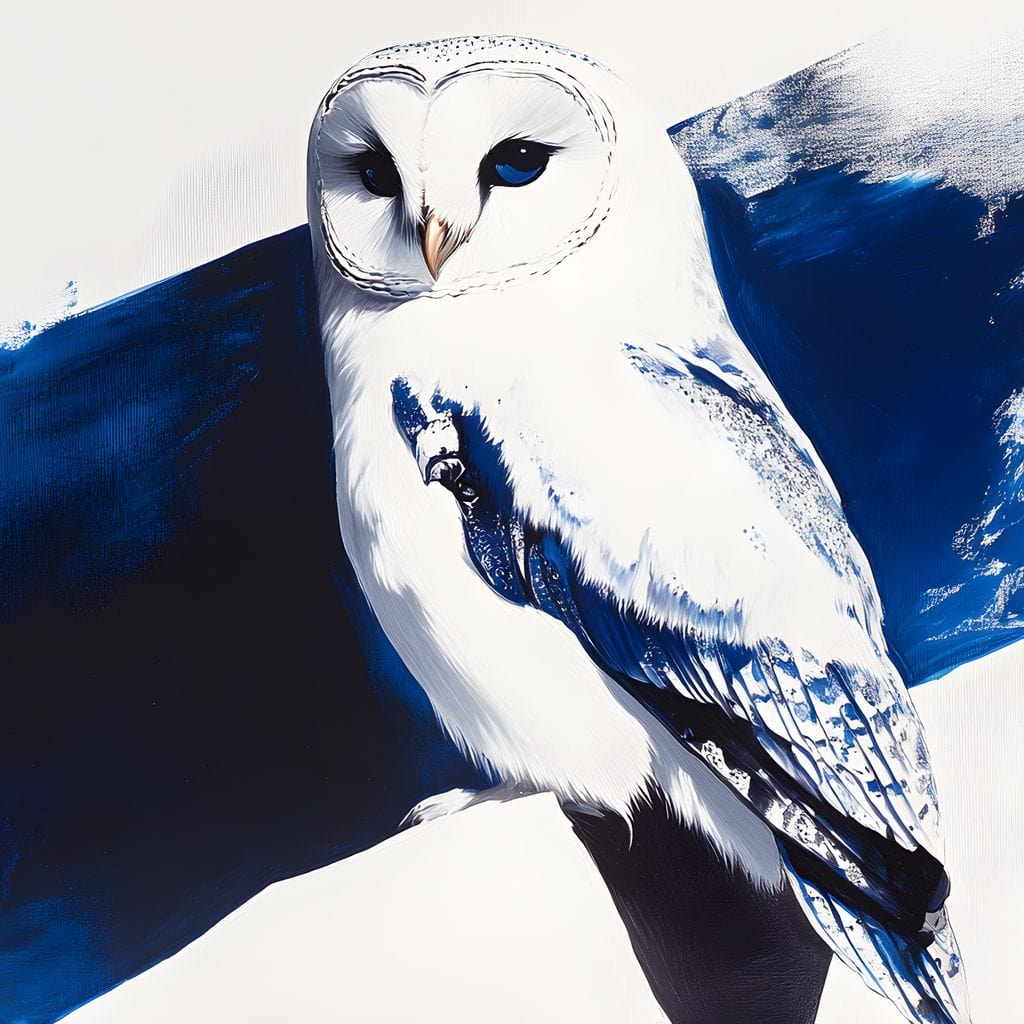 tablou canvas cu o bufnita alba eleganta, conturata pe fundal abstract in nuante de albastru stil cerneala