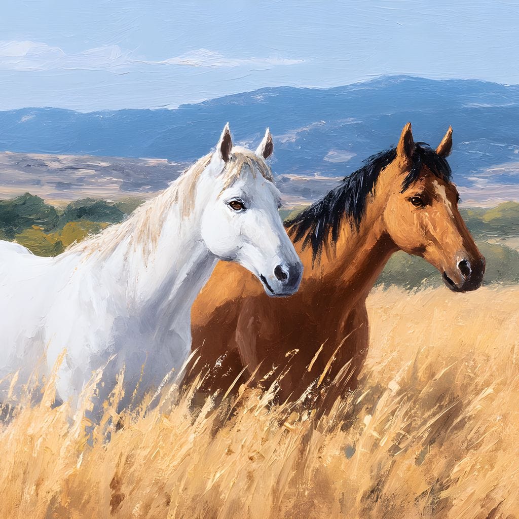 tablou canvas cu un cal alb si un cal maro, intr-un lan auriu, pe fundal cu peisaj natural luminos